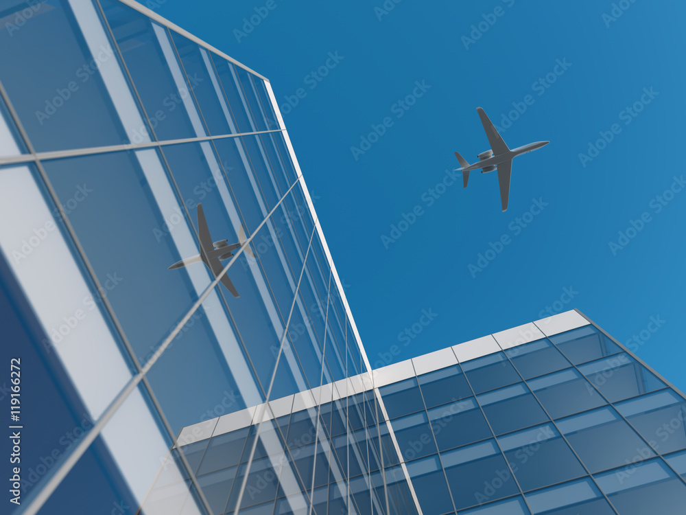 Airplane over office building
