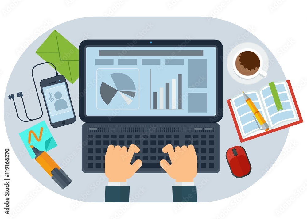 Workplace modern businessman. Elements for sites, advertising brochures, flayers, posters and info graphics. Cartoon flat vector illustration. Objects isolated on a white background. Workplace modern businessman. Elements for sites, advertising brochures, flayers, posters and info graphics. Cartoon flat vector illustration. Objects isolated on a white background.