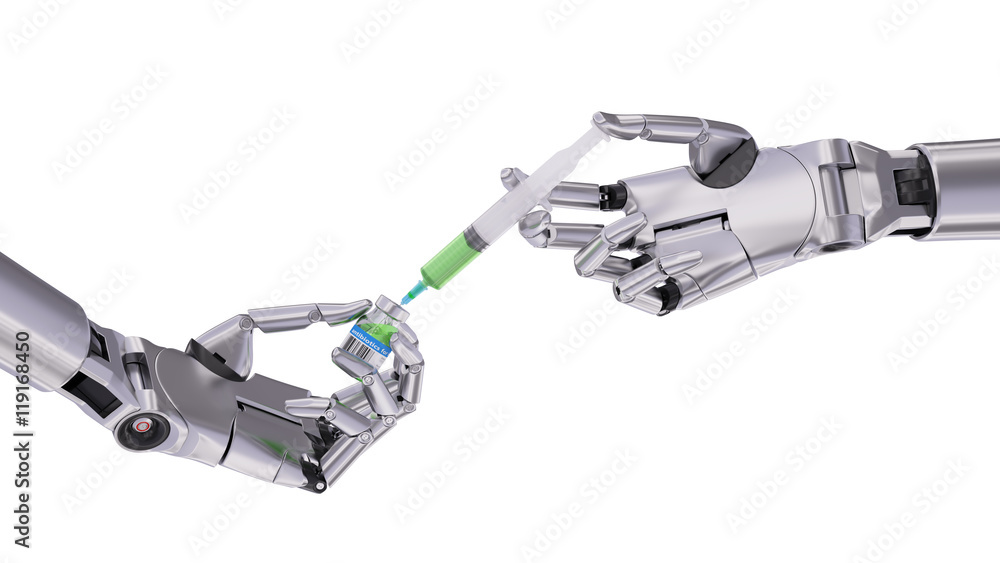 Syringe and Vial with Medicine in Robot Hands 3d Illustration Syringe and Vial with Medicine in Robot Hands 3d Illustration