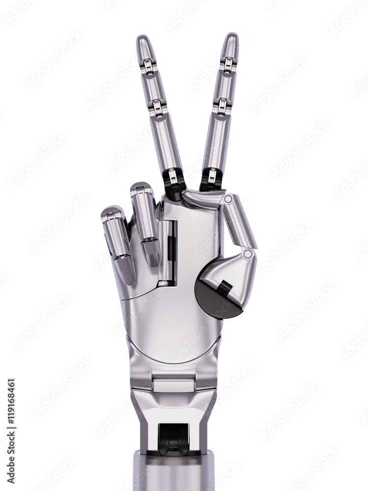 Metal Cyborg Hand Victory or Number Two Gesturing 3d Illustration Metal Cyborg Hand Victory or Number Two Gesturing 3d Illustration