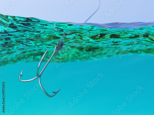 Split View of Fishing Hook Under Water Surface 3d Illustration