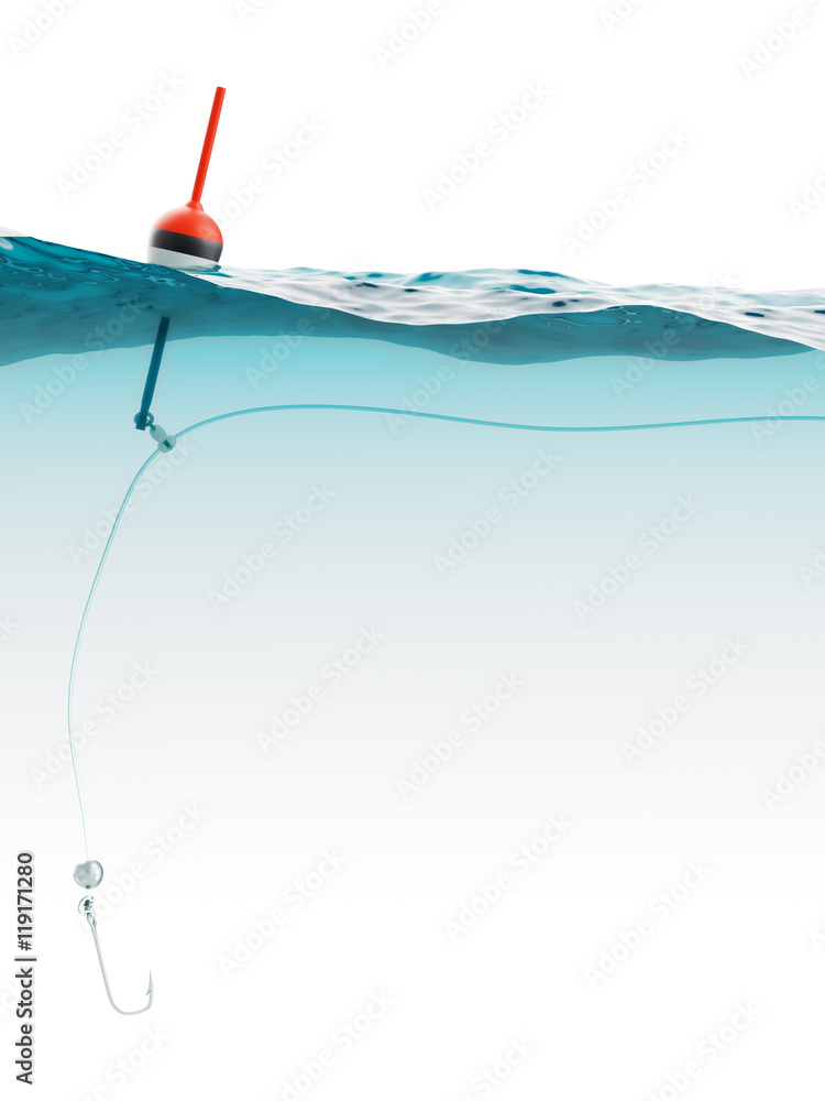Bobber with fishing line and hook under water Bobber with fishing line and hook under water