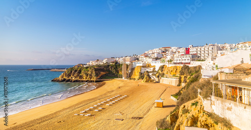 A panorama of Carvoeiro at the dusk in Algarve region, Portugal, Europe
