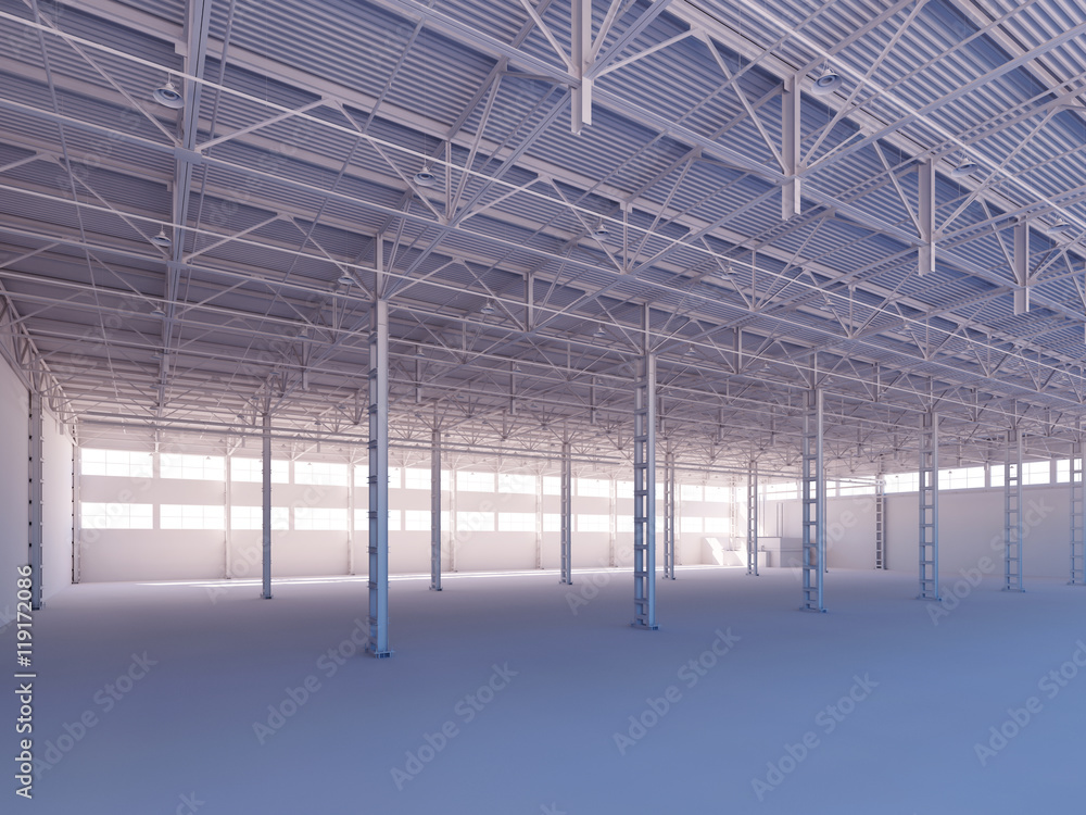 Contemporary empty white warehouse illuminated by sunlight interior 3d illustration Contemporary empty white warehouse illuminated by sunlight interior 3d illustration