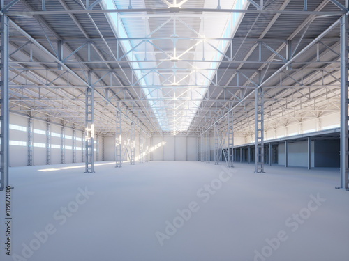 Contemporary industrial building interior illuminated by sunlight 3d illustration