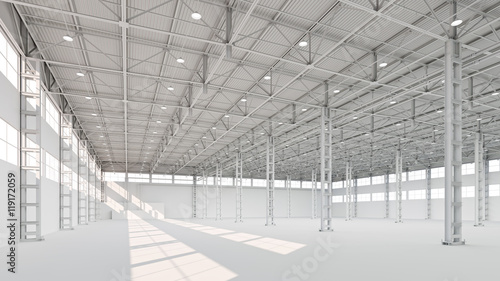 New empty white industrial building interior 3d illustration