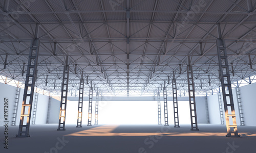 Abstract illuminated white stage inside of industrial building 3d illustration