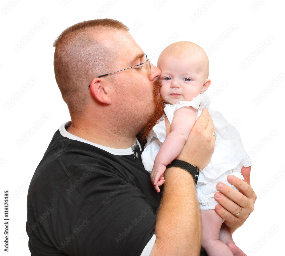 Overweight bearded father and his little baby on white background. Lifestyle picture. Parenthood and child care concept. Overweight bearded father and his little baby on white background. Lifestyle picture. Parenthood and child care concept.