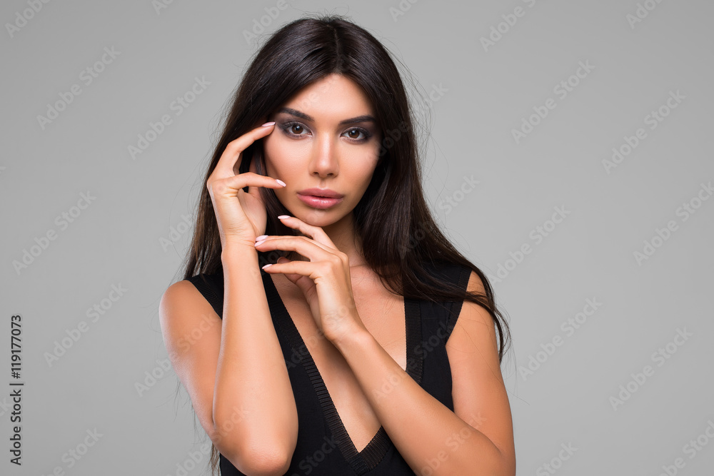 Sexy Beautiful Brunette Woman In Black Dress Isolated On Gray Background Sexy Beautiful Brunette Woman In Black Dress Isolated On Gray Background
