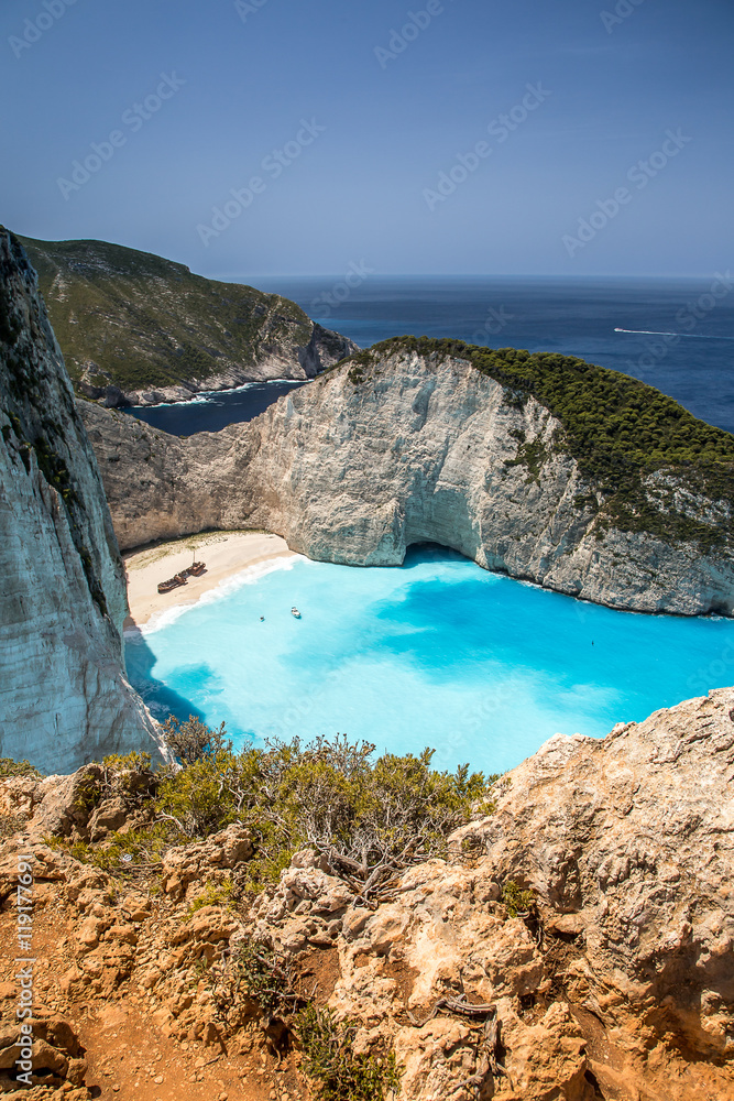 Fototapeta premium Amazing Navagio beach (shipwreck beach) on Zakynthos. Ionian island in Greece