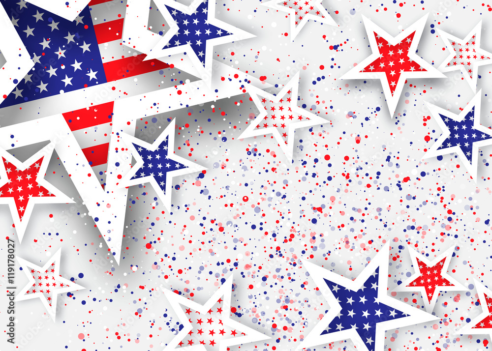 Obraz premium Origami Stars and stripes on grey background with dot. Abstract american flag. Vector illustration. Poster Template.