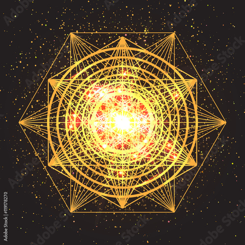 Magic geometry sign. Abstract sacred geometry. Religion, spirituality, occultism. Alchemy mystical symbol on space background. Vector design illustration.