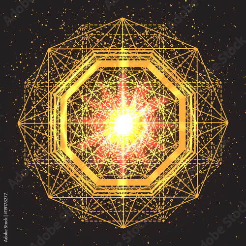 Magic geometry sign. Abstract sacred geometry. Religion, spirituality, occultism. Alchemy mystical symbol on space background. Vector design illustration.