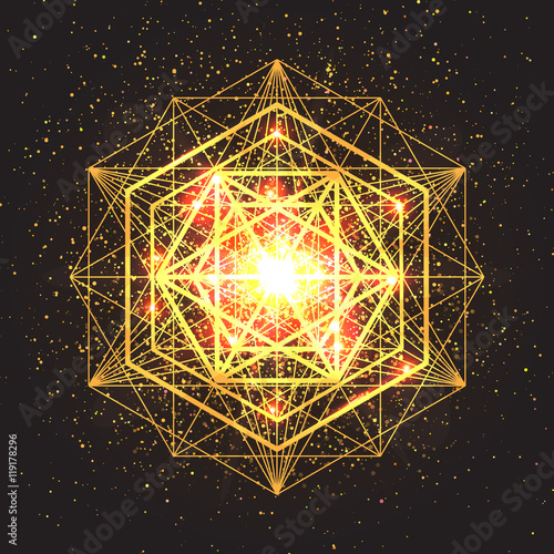 Magic geometry sign. Abstract sacred geometry. Religion, spirituality, occultism. Alchemy mystical symbol on space background. Vector design illustration.