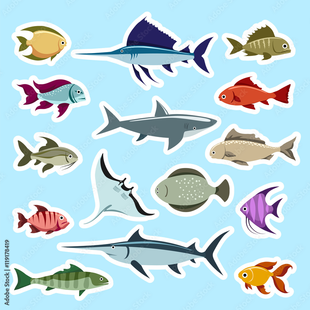 Obraz premium Colorful fish stickers set vector isolated on blue