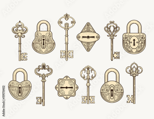 Set of hand drawn vintage keys and locks vector