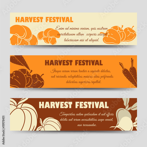 Harvest festival horizontal banners template with pumpkin mushrooms peppers. Vector illustration