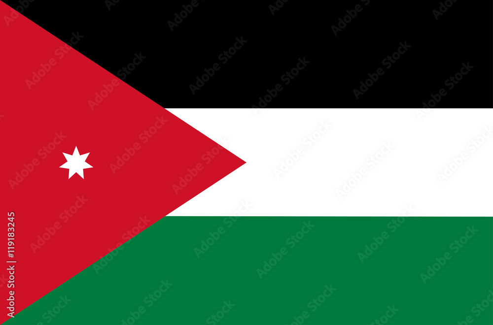 Vector flat style The Hashemite Kingdom of Jordan state flag. Official design of Jordan national flag. Symbol with horizontal stripes, triangle and star emblem. Independence day, holiday, button