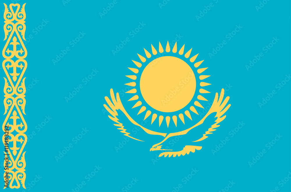 Fototapeta premium Vector flat style Republic of Kazakhstan state flag. Official design of Kazakhstan national flag. Symbol with sun emblem isolated on white background. Independence day, holiday, button, illustration