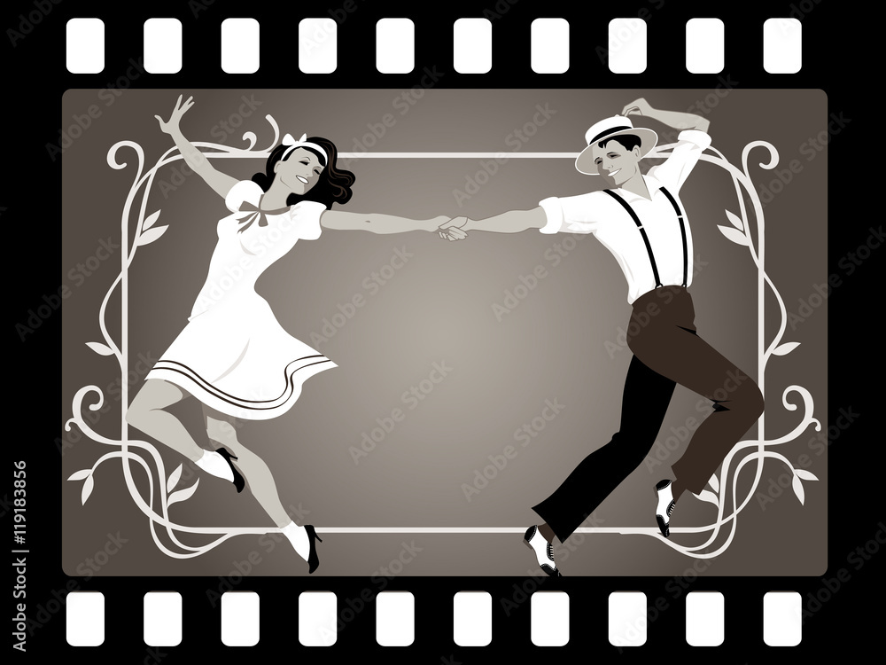 Fototapeta premium Young couple in retro attire dancing in an old movie frame, EPS 8 vector illustration, no transparencies