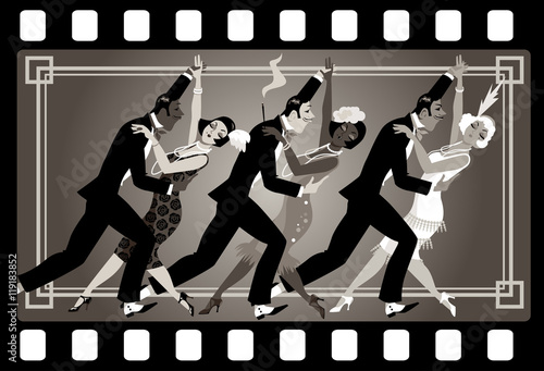 Group of people dressed in retro fashion dancing in an old movie frame, EPS 8 vector illustration