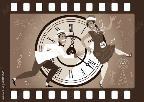 Funny cartoon couple dressed in vintage fashion dancing the Charleston, vector illustration, no transparencies, EPS 8