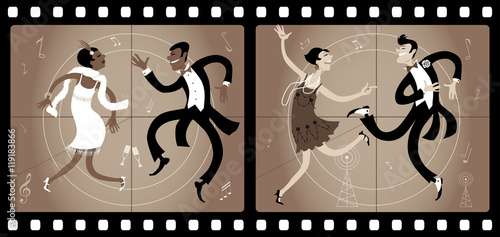 Two couples dressed in 1920s style dancing the Charleston in an old movie frame, vector illustration, EPS 8