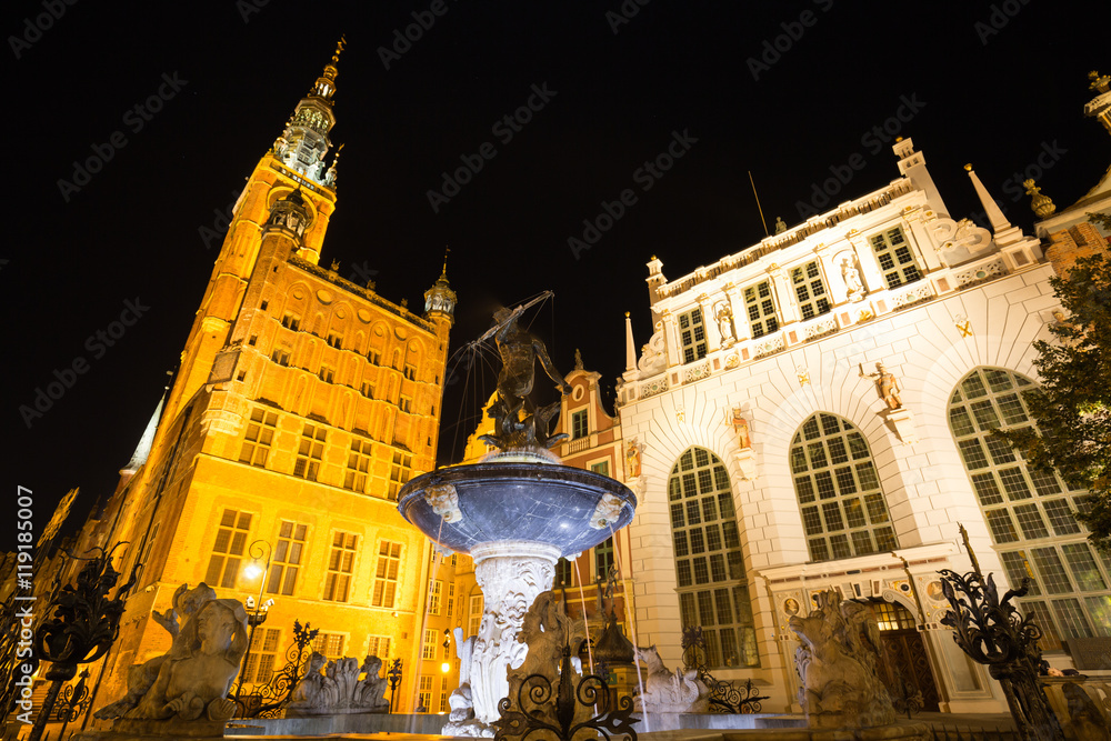 Fountain of the Neptune in old town of Gdansk, Poland