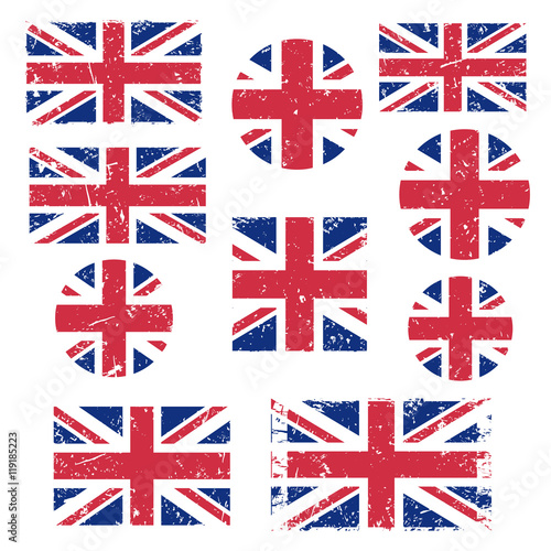 Vintage Union Jack, Great Britain grunge flag set isolated on white background, vector illustration.
