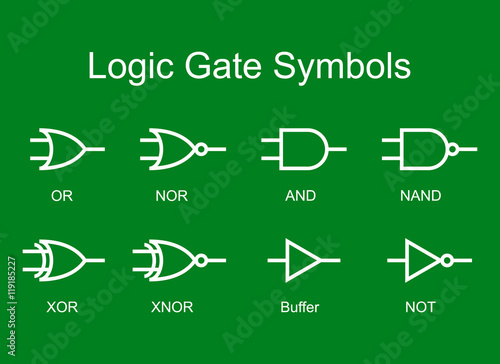 Digital logic gate symbols, white isolated on green background, vector illustration.