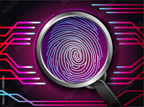 Magnifying glass on fingerprint with concept red  abstract  technology background 