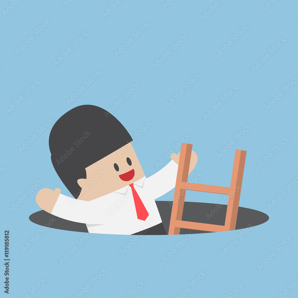 Businessman climbing a ladder out from a hole Businessman climbing a ladder out from a hole