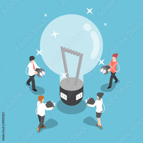 Isometric business people going to recharge idea from big light