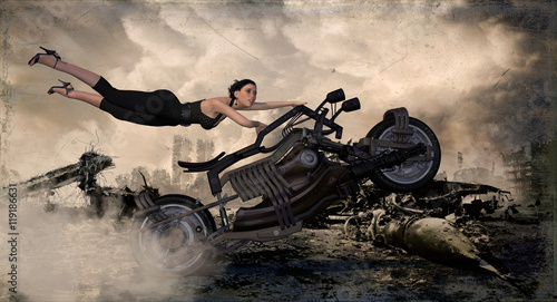 Fototapeta Naklejka Na Ścianę i Meble -  Female Biker Flying Off A Motorcycle 3D Rendering