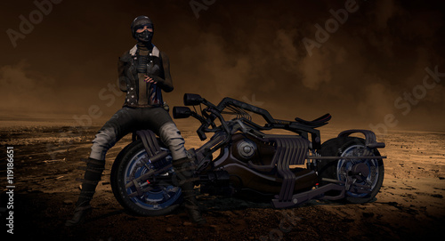 Female Biker Sitting On Motorcycle 3D Rendering © studio1media