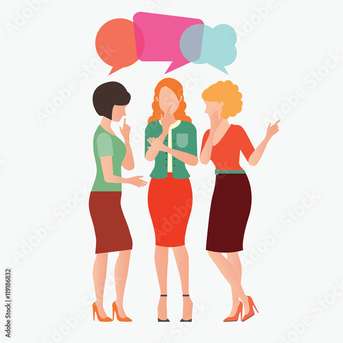 Cartoon character of women with colorful dialog speech bubbles.