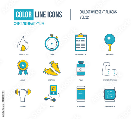 Color thin Line icons set. Healthy lifestyle and sport