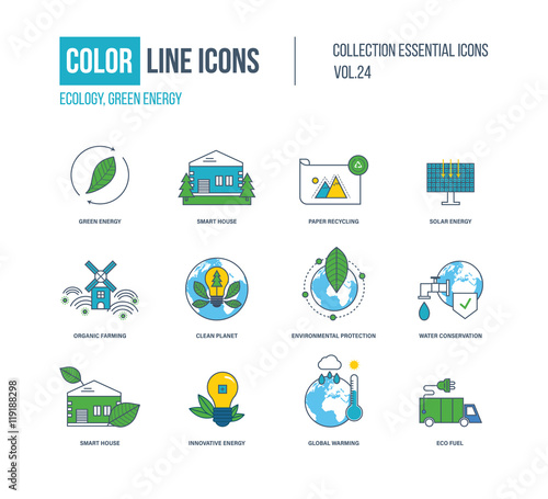 Color thin Line icons set. Ecology, green energy, smart house,