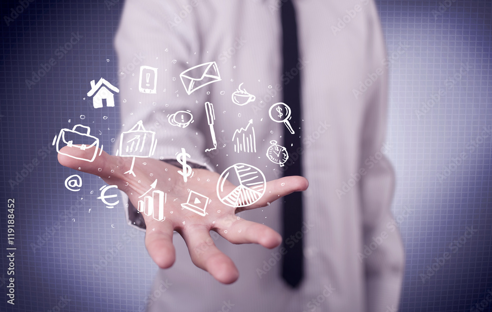 Office worker with drawn icons in the palm Office worker with drawn icons in the palm