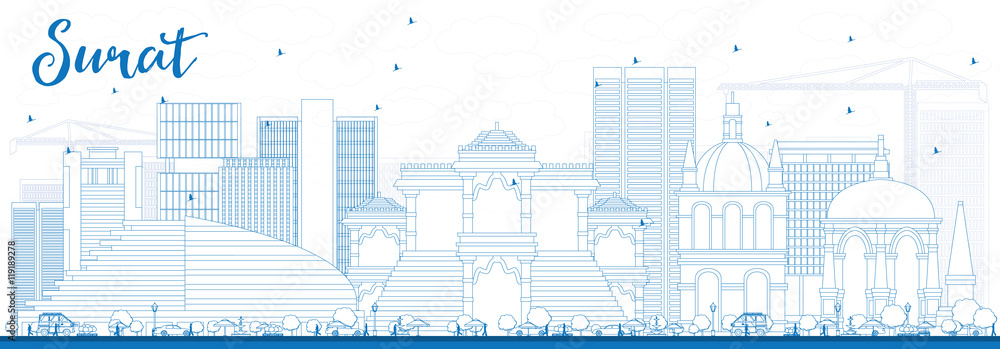 Outline Surat Skyline with Blue Buildings.