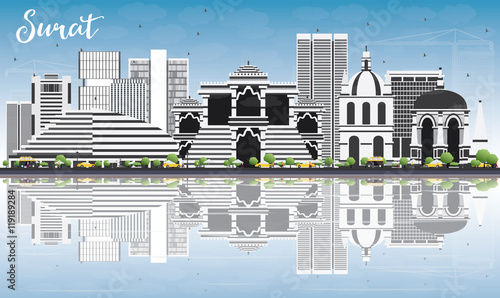 Surat Skyline with Gray Buildings, Blue Sky and Reflections.
