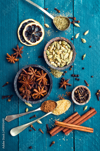 culinary background with various spices for Christmas mulled wine