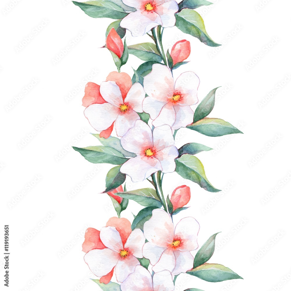 White flowers. Watercolor floral background. Seamless border