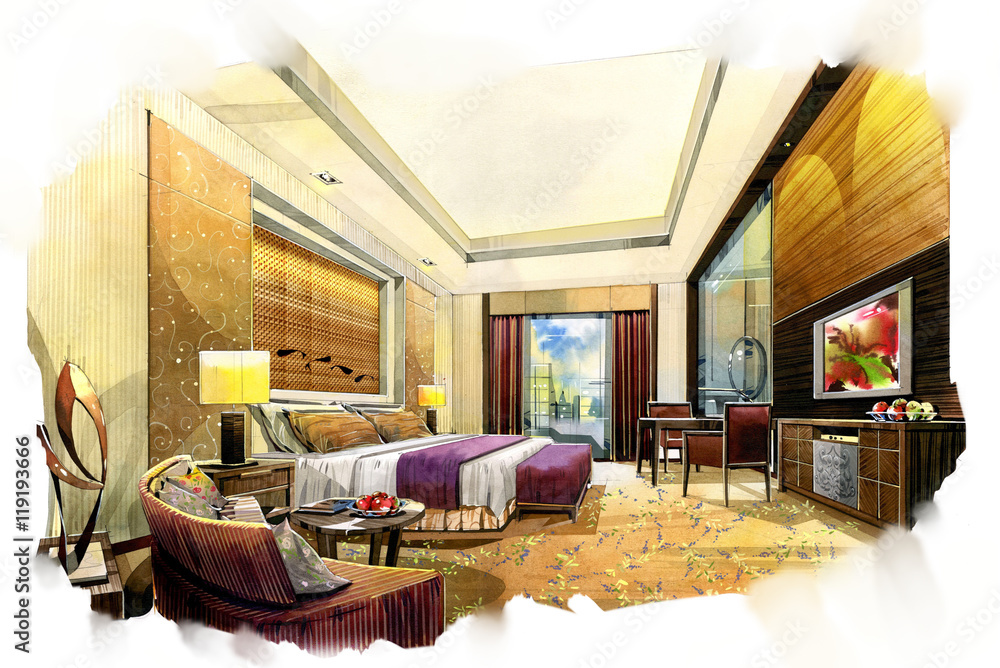 Naklejka premium sketch interior bedroom into a watercolor on paper.