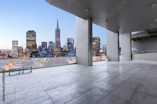 cityscape and skyline of san francisco from brick floor