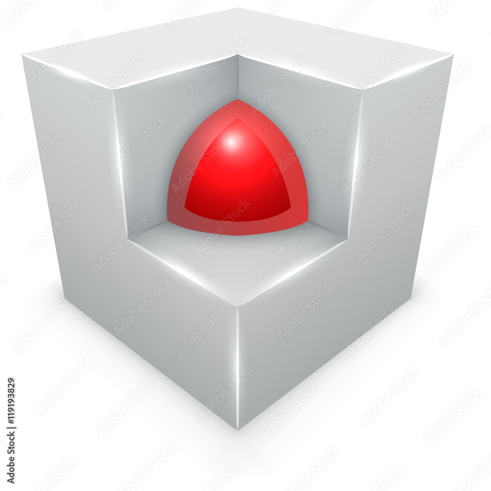 3D concept – sphere inside cube isolated on white background. 3D concept – sphere inside cube isolated on white background.