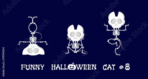 Cute and funny skeleton cat in different poses: activity, dance, yoga or gymnastic. Drawing in cartoon style isolated on dark blue background. Set of design elements. Vector illustration