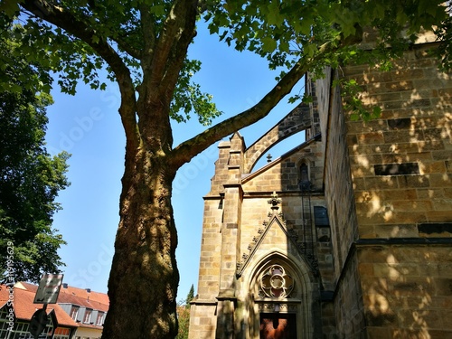 Fotografía Schöner alter Baum als Schattenspender vor blauem Himmel im Sonnenschein an der