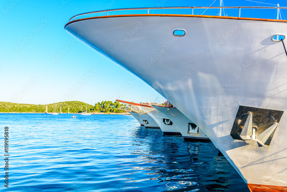 Fototapeta premium Marina yacht coastal Croatia. / Docked yacht in marina, summertime in town Korcula, Croatia Europe.