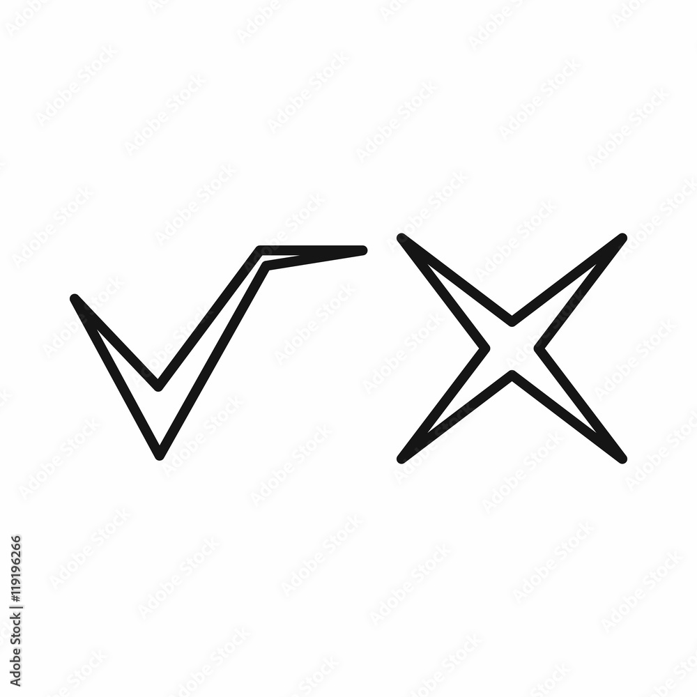 Tick and cross icon in outline style on a white background Tick and cross icon in outline style on a white background
